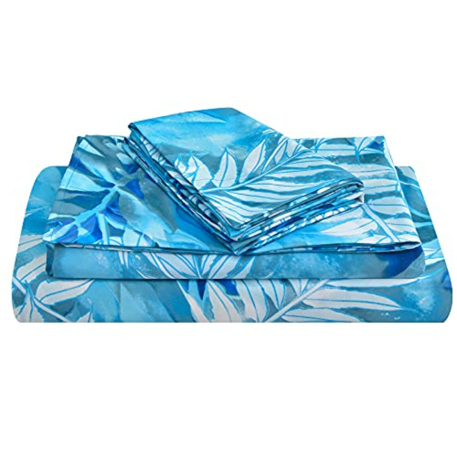 Blue Tropical Leaves Print She - Bed Sheet Microfiber ulasan dan harga