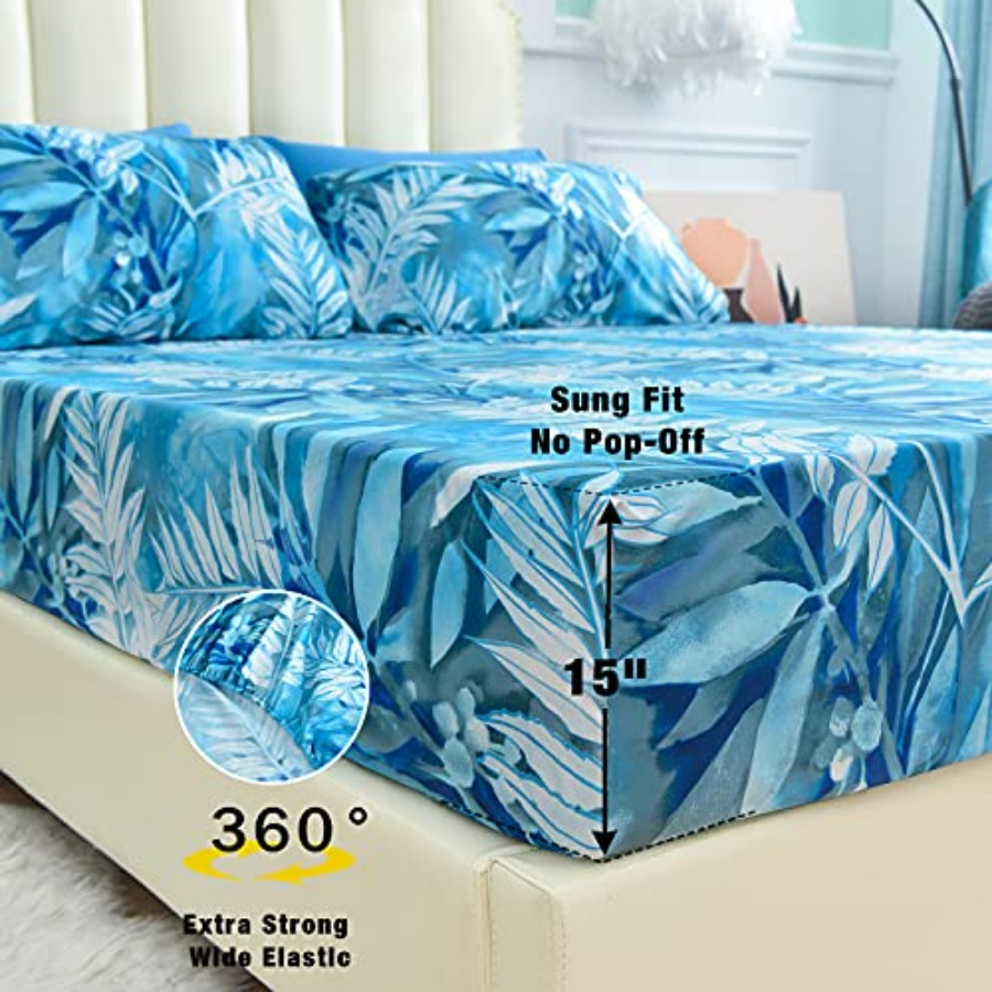 Blue Tropical Leaves Print She - Bed Sheet Microfiber ulasan dan harga